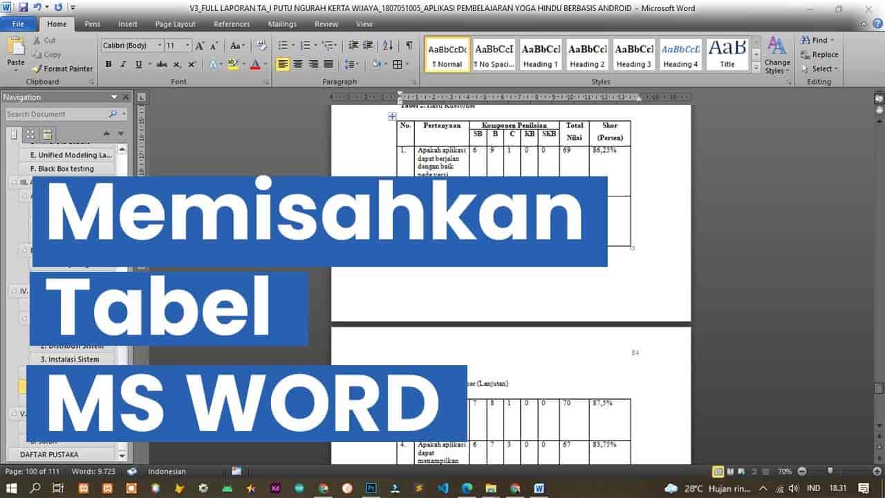 cara memisahkan tabel di word