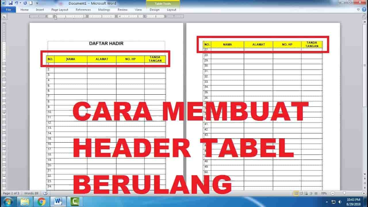 cara menampilkan judul tabel di setiap halaman word